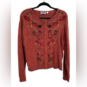 Vtg Erika & Co. Embroidered Foliage Nature Inspired Zip Up Sweater